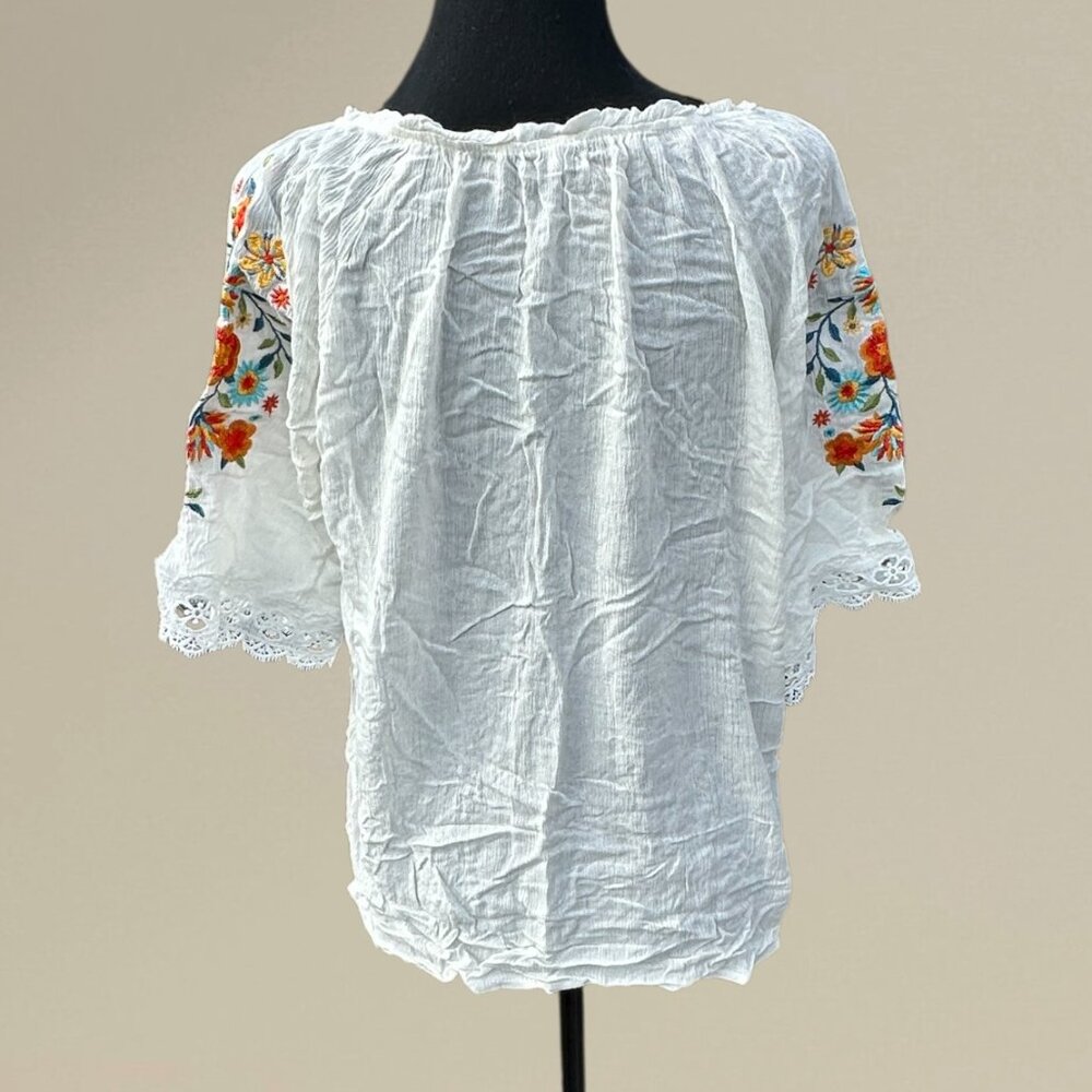 Women’s White Boho Embroidered Peasant Top – Vibrant & Feminine - Picture 2 of 2